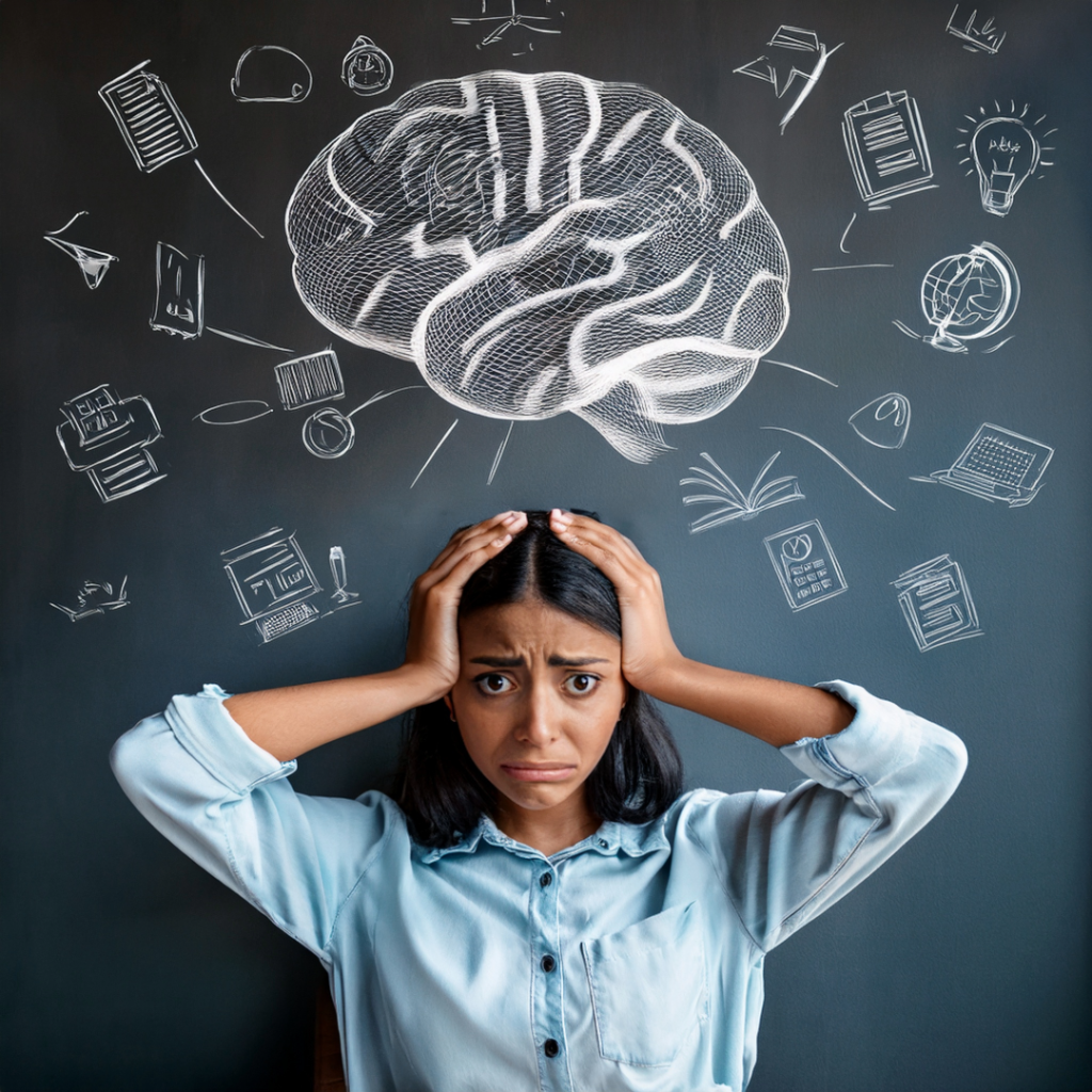 Indian student holding head showing mental stress and brain illustration, representing psychological challenges faced by international students in Germany